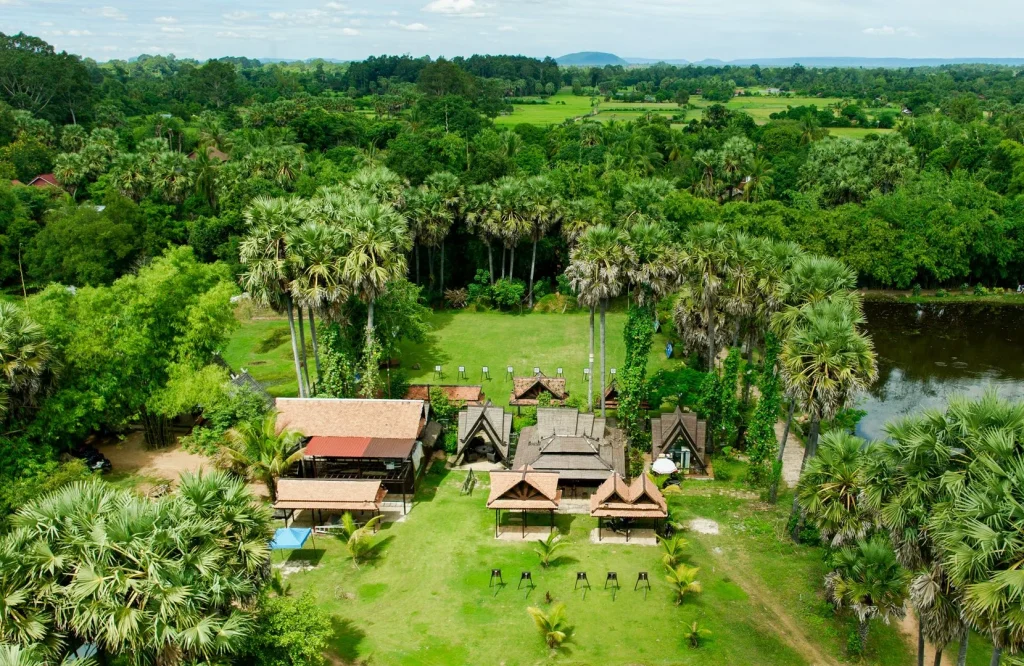 Aerial view of village surrounded by lush greenery.