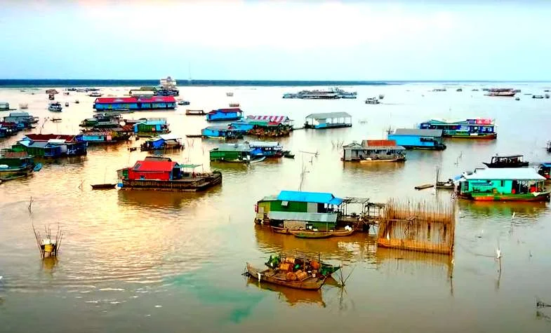 Colorful floating village houses on the water.