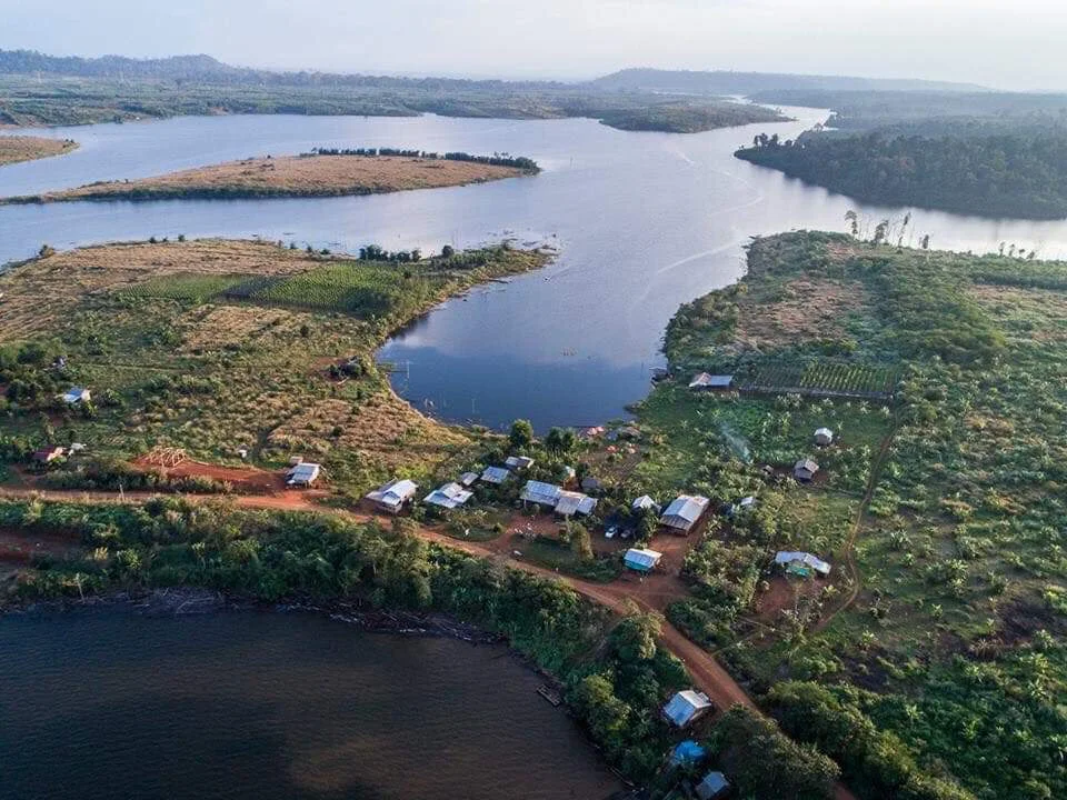 Aerial view of rural village near water.