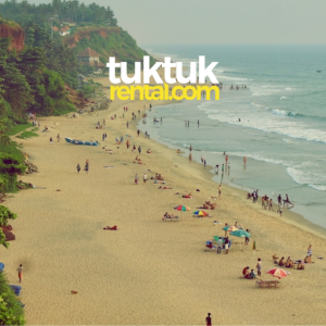 A beach view with a logo.