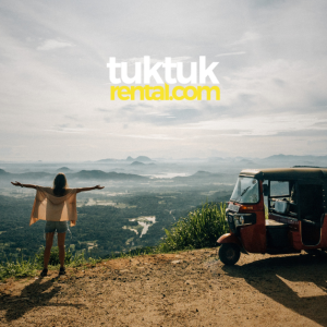 A red tuk-tuk with women raising their hands.