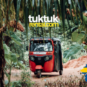 A red tuk-tuk with a Sweden logo.