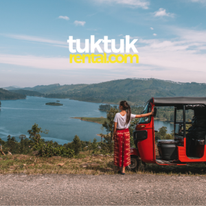 A red tuk-tuk with a logo, and women laying in a forest view.