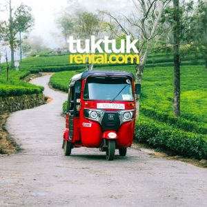 Red tuk-tuk with a tea leaf design around the logo.