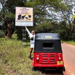 Sophia next to her tuktuk on the B35 road in Sri Lanka