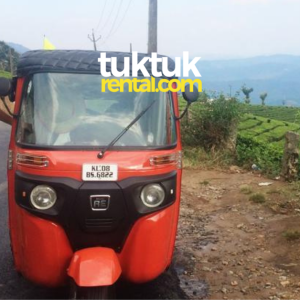 A red tuk-tuk is shown with a person nearby and a logo in Kerala.