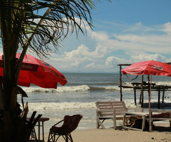 A scene of huts located in a small beach area.