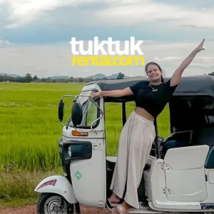 Happy woman posing in tuk-tuk near rice fields.